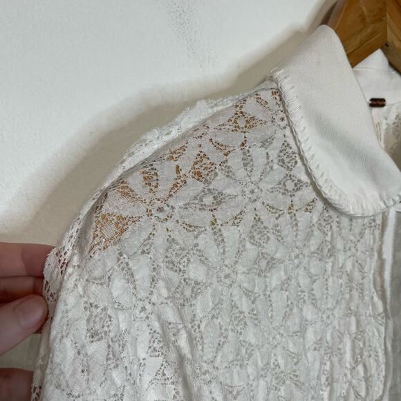Free People White Tunic Top M Womens Button Front Collared Long Sleeve Lace Tie - Picture 2 of 10